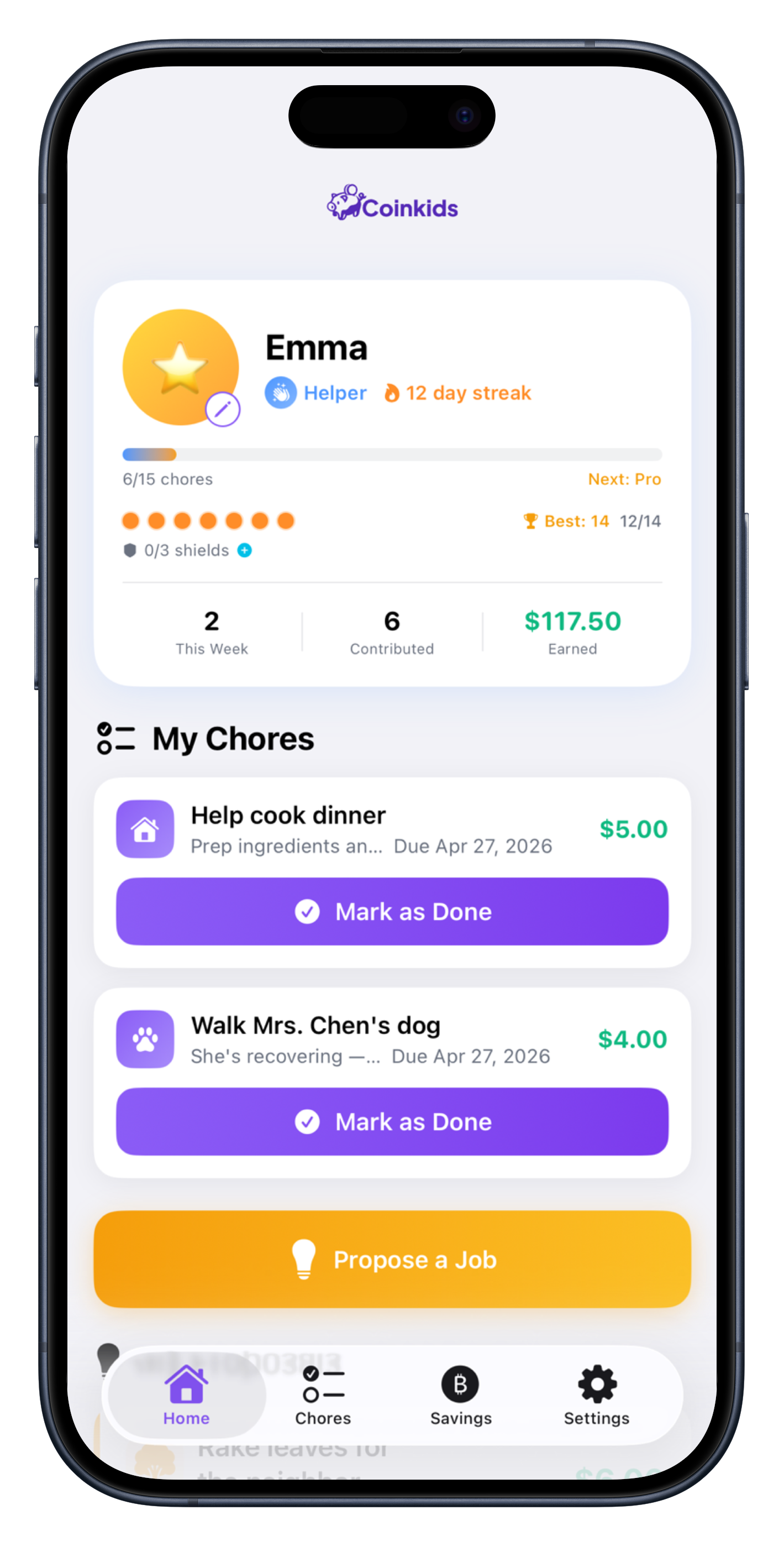 Kid view — Emma's home, streak and chores